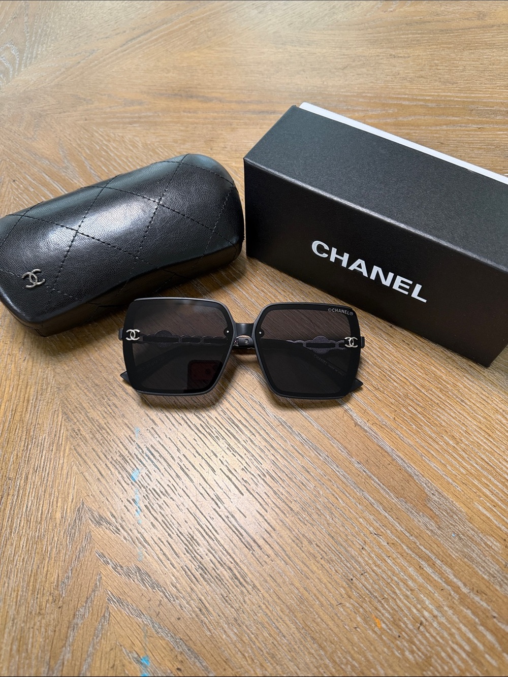 CHANEL Black Oversized Square Sunglasses with Silver CC Logos